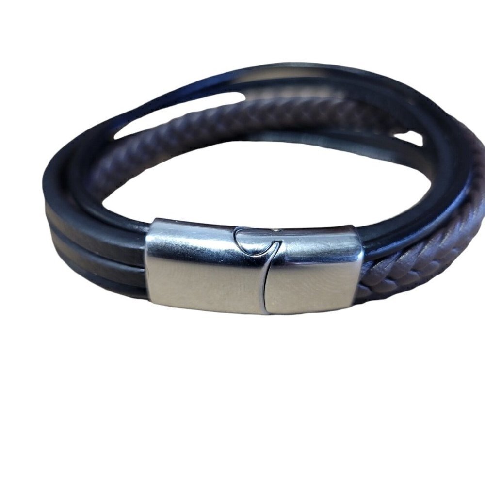 Men's Simone Black/Brown Leather Braided Bracelet In Stainless Steel. 8.5" — image 2 of 8